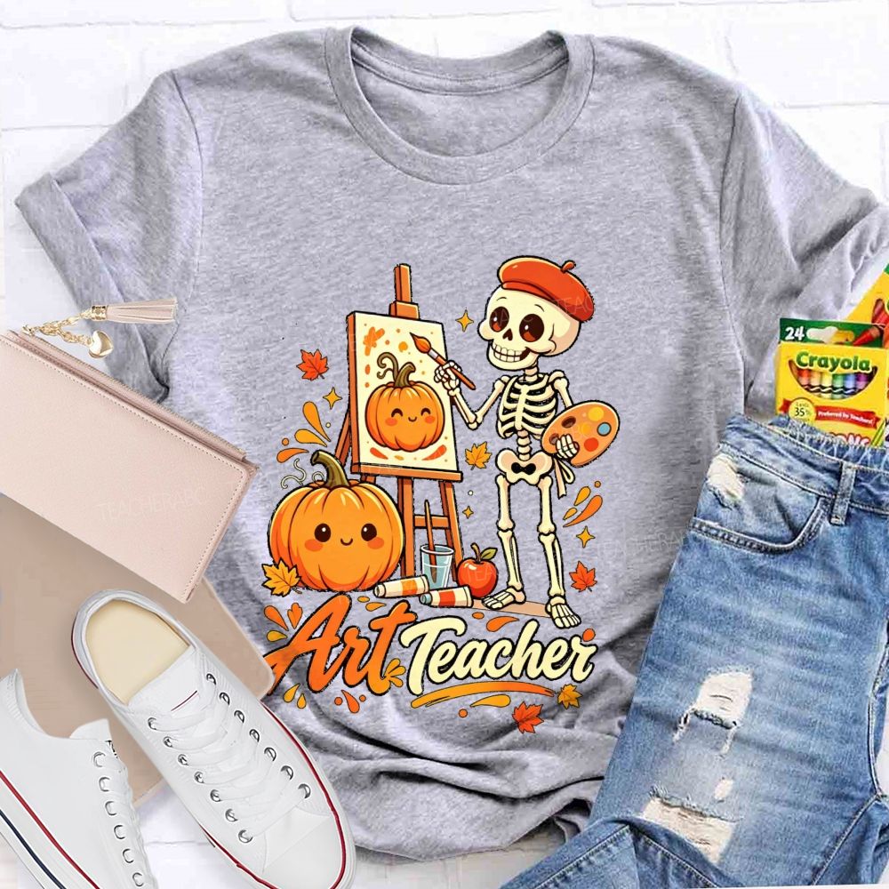 Halloween Art Teacher Skeleton Pumpkin Painter T-shirt