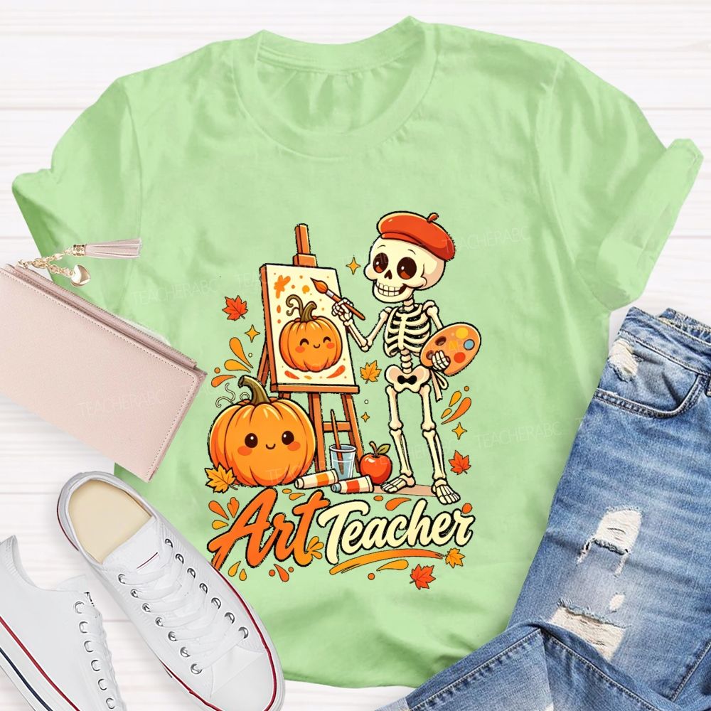 Halloween Art Teacher Skeleton Pumpkin Painter T-shirt