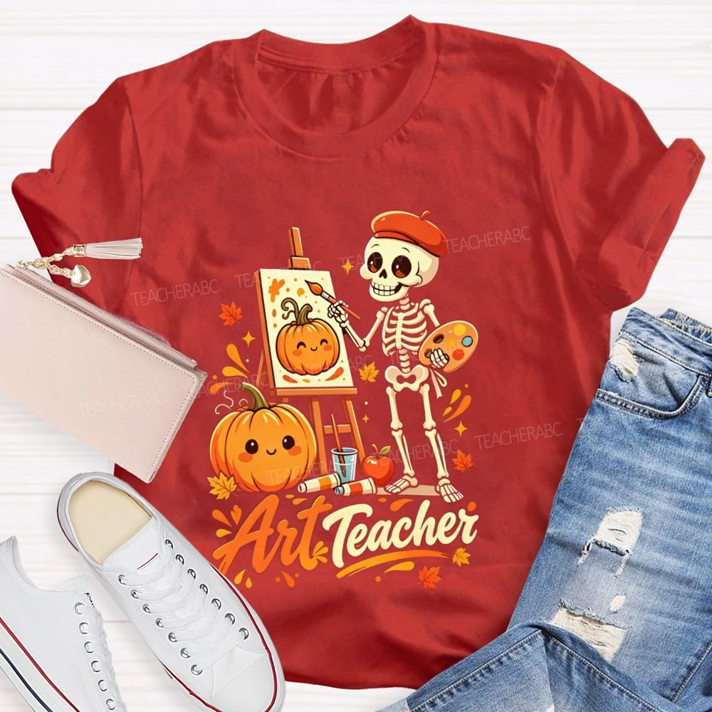 Halloween Art Teacher Skeleton Pumpkin Painter T-shirt