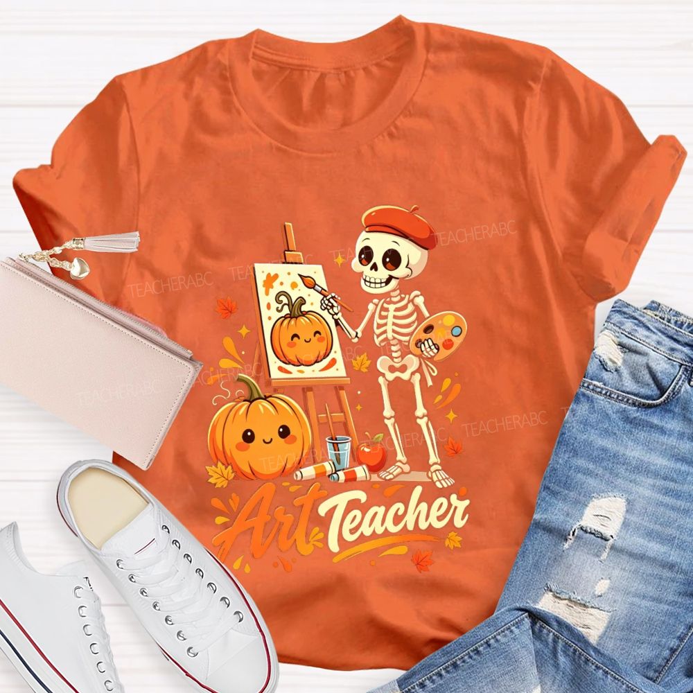 Halloween Art Teacher Skeleton Pumpkin Painter T-shirt