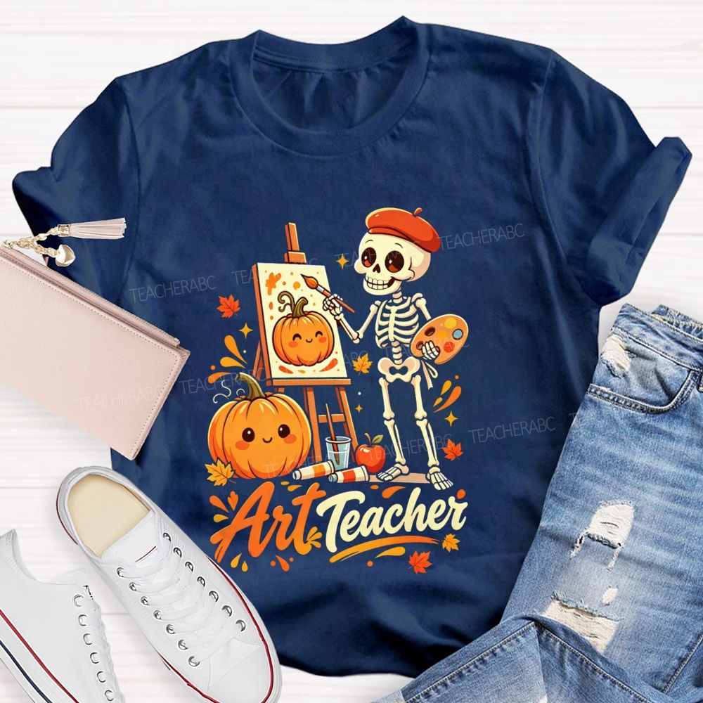 Halloween Art Teacher Skeleton Pumpkin Painter T-shirt