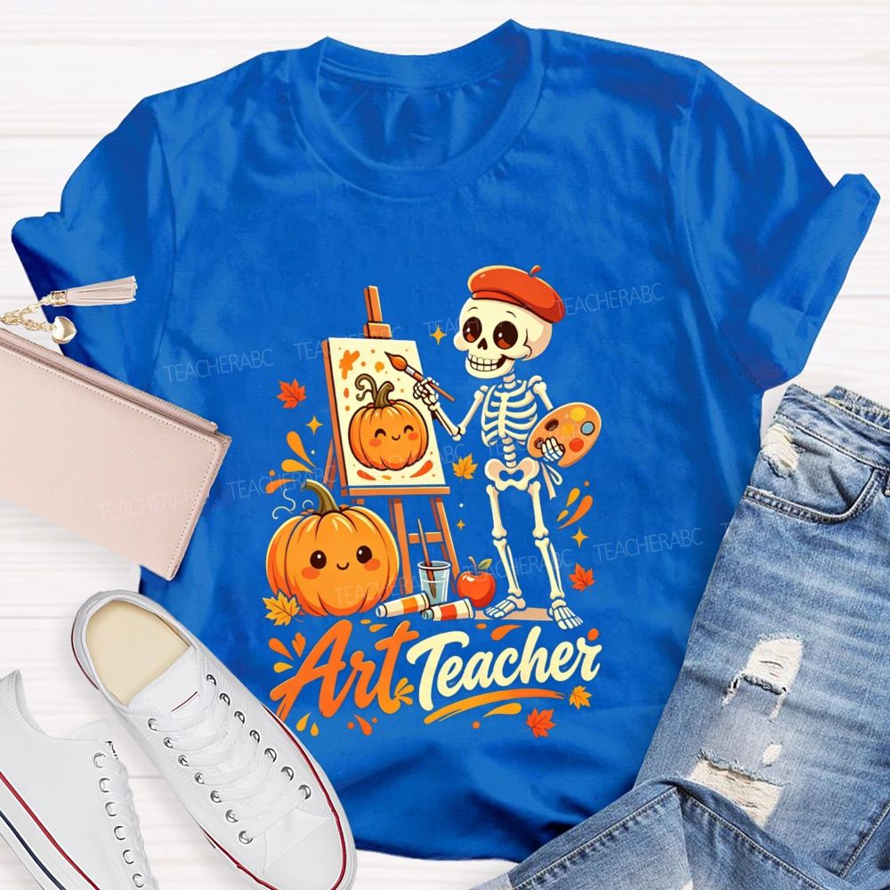Halloween Art Teacher Skeleton Pumpkin Painter T-shirt