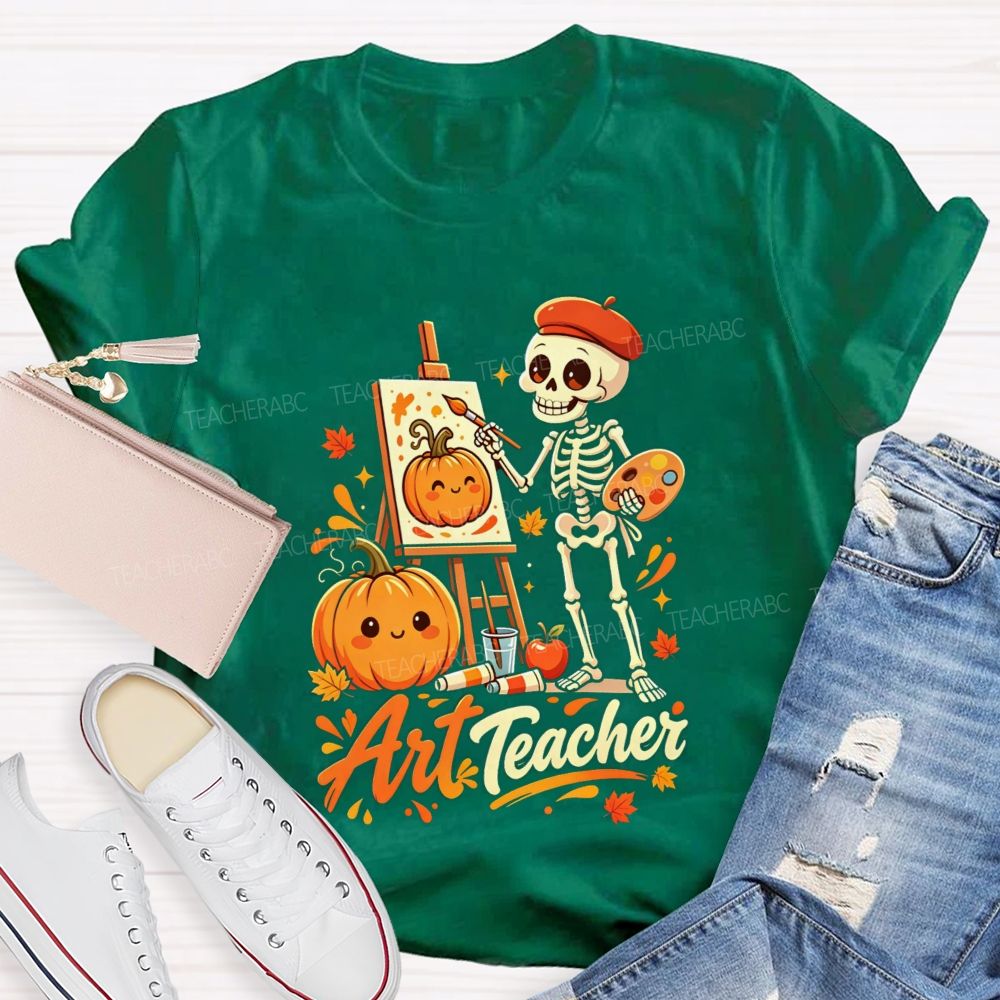 Halloween Art Teacher Skeleton Pumpkin Painter T-shirt
