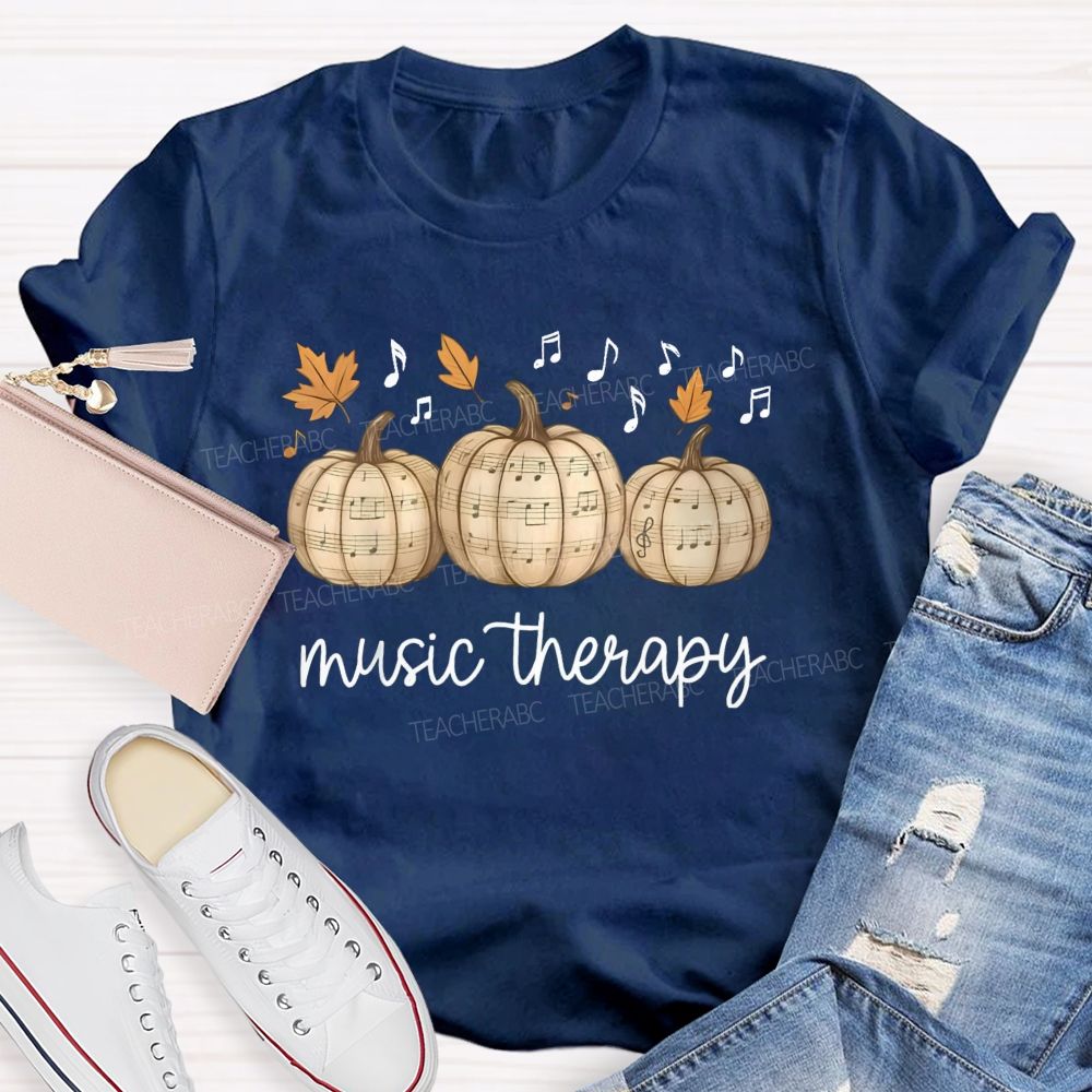Music Therapy Pumpkin Fall Leaves Musical Notes Teacher T-shirt
