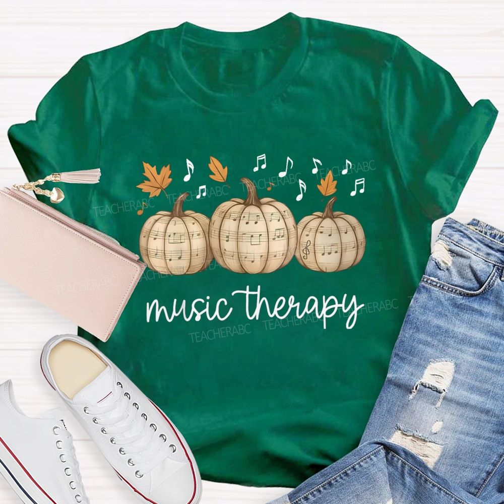 Music Therapy Pumpkin Fall Leaves Musical Notes Teacher T-shirt