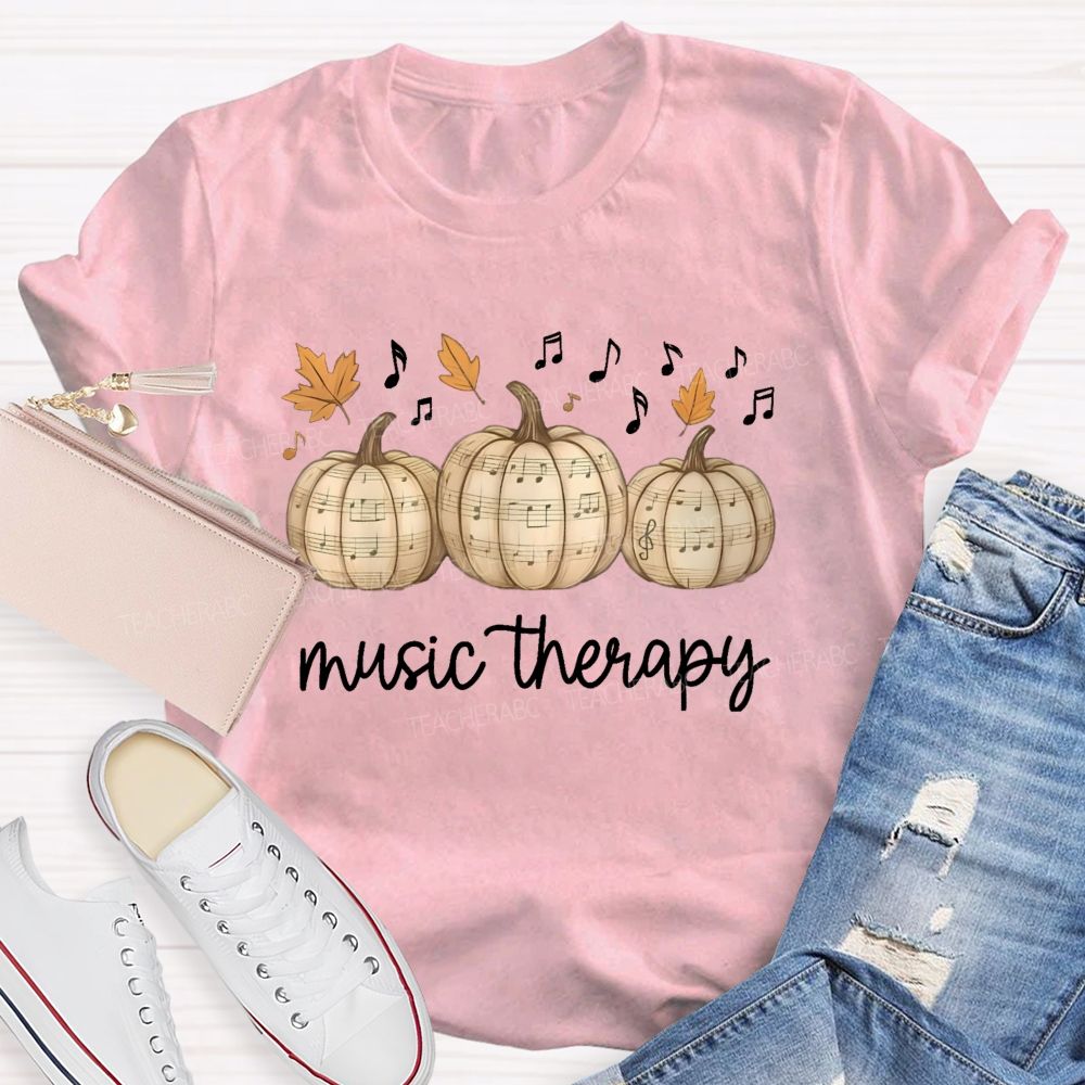 Music Therapy Pumpkin Fall Leaves Musical Notes Teacher T-shirt