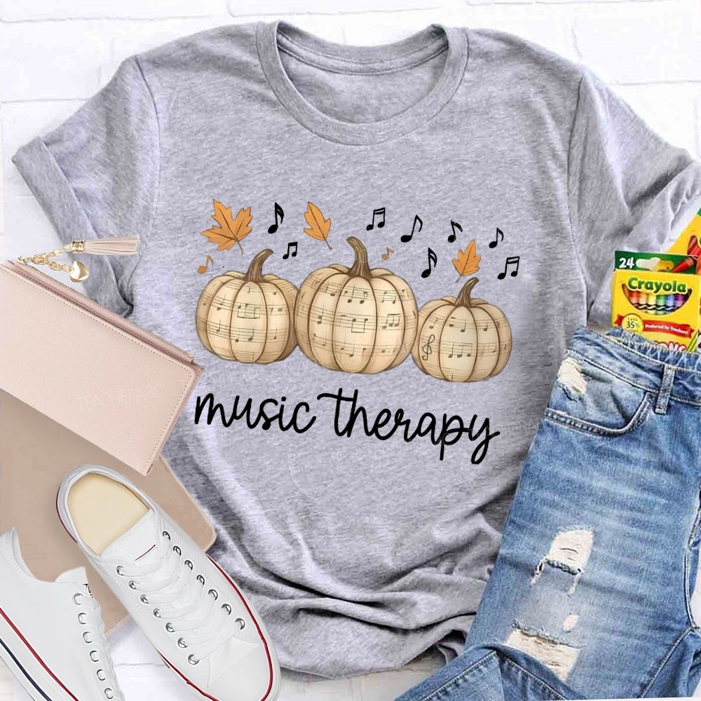 Music Therapy Pumpkin Fall Leaves Musical Notes Teacher T-shirt