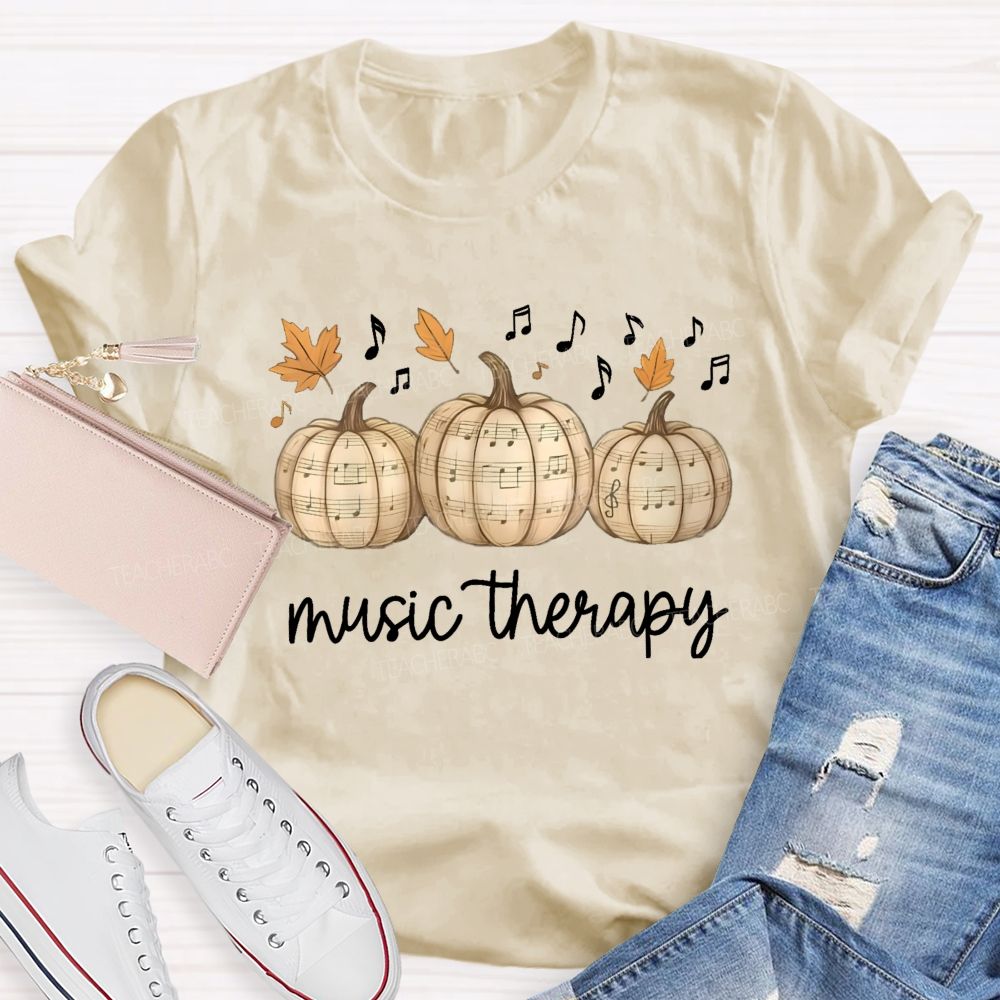 Music Therapy Pumpkin Fall Leaves Musical Notes Teacher T-shirt
