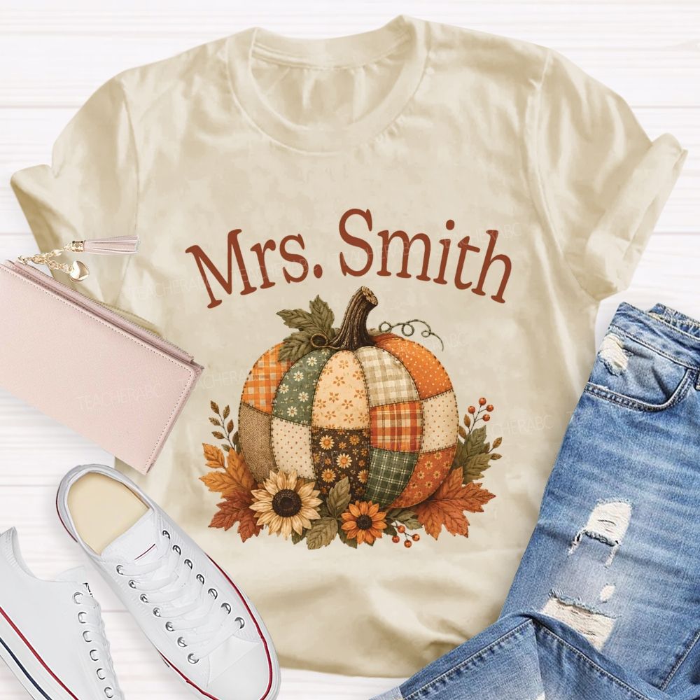 Personalized Name Patchwork Pumpkin Fall Teacher T-shirt