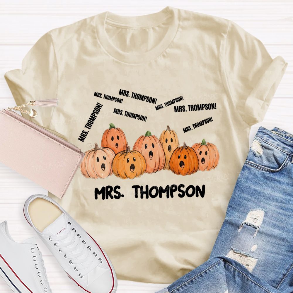 Personalized Name Pumpkin And Fall Halloween Teacher T-shirt