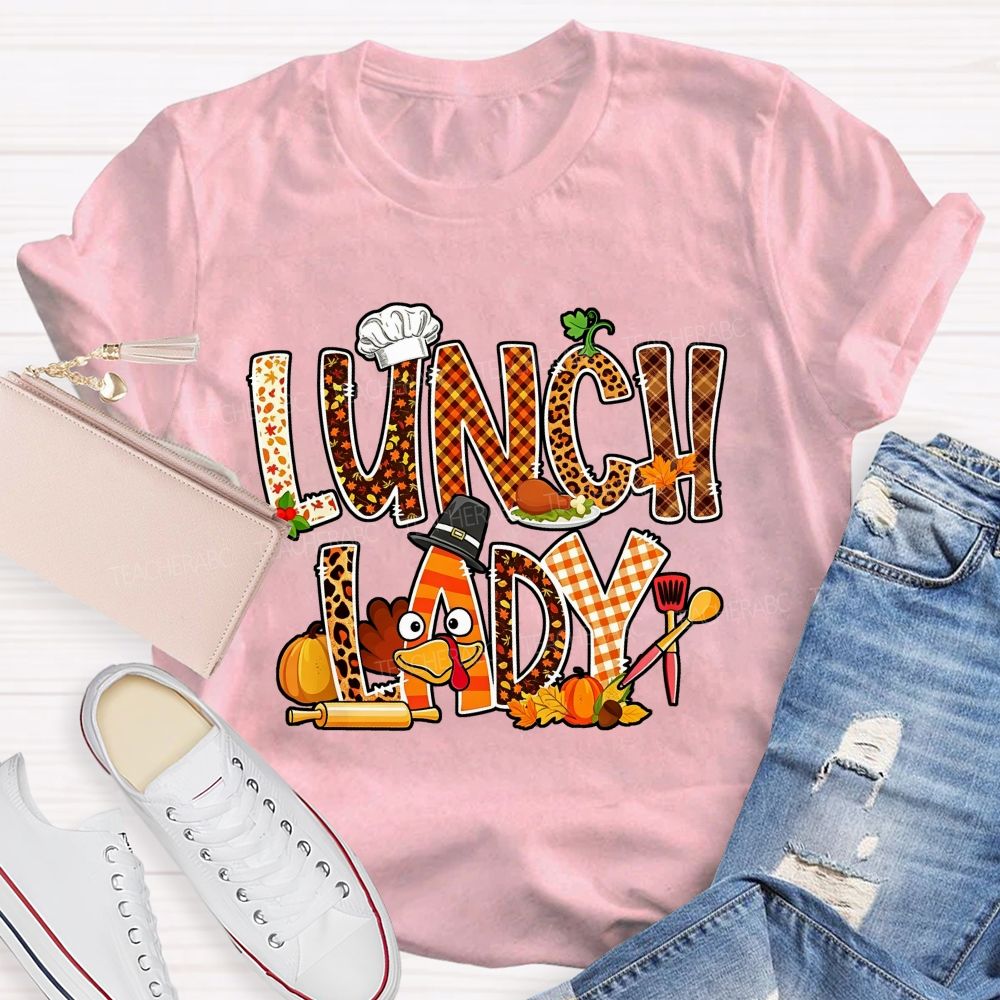 Lunch Lady Thanksgiving Fall Leopard Plaid Turkey T-shirt
