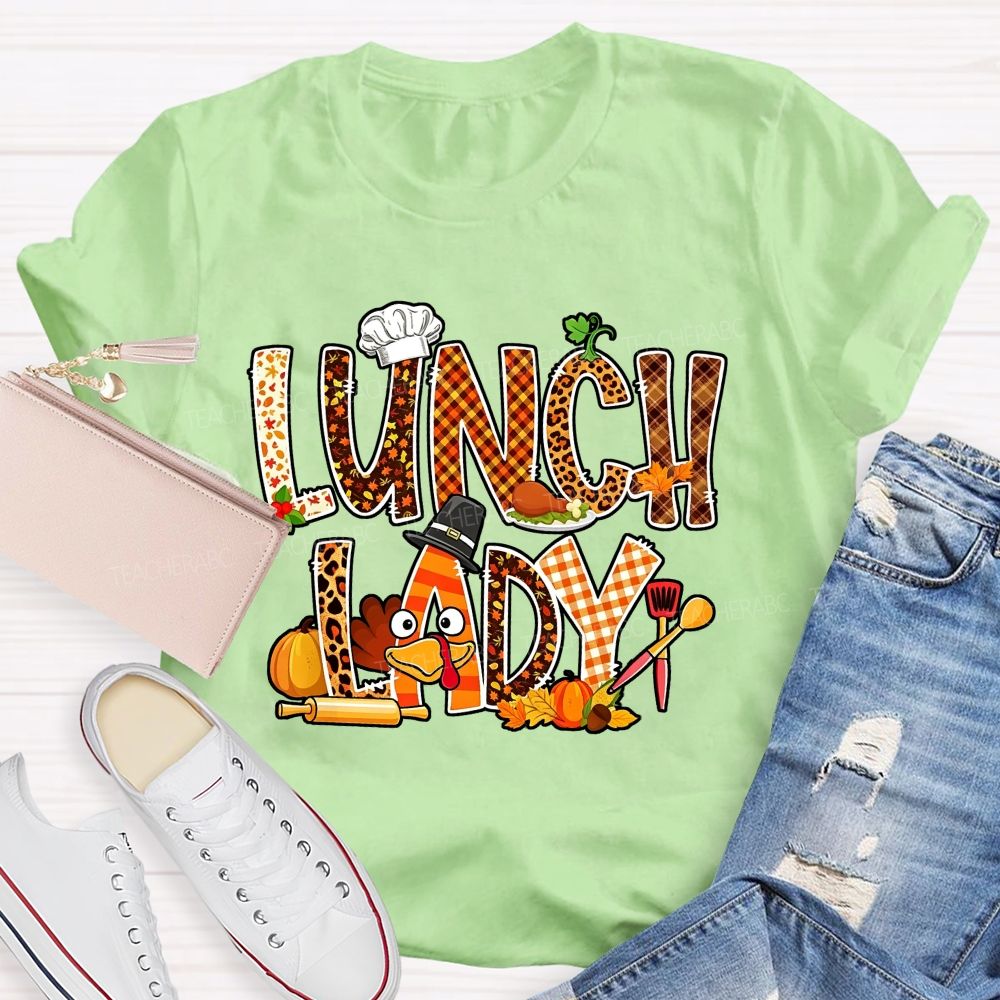 Lunch Lady Thanksgiving Fall Leopard Plaid Turkey T-shirt