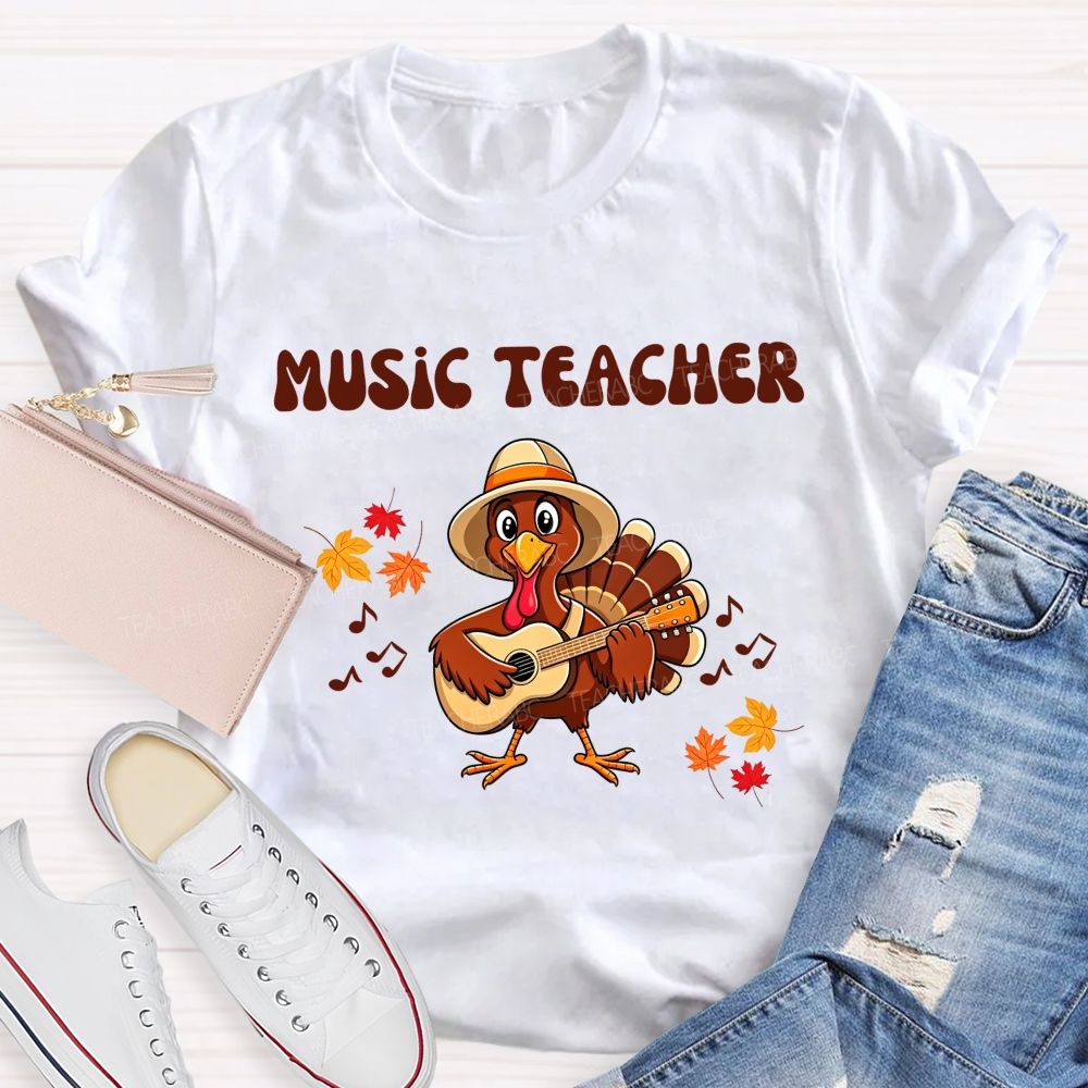 Music Teacher Turkey Playing Guitar Thanksgiving Fall Teacher T-shirt