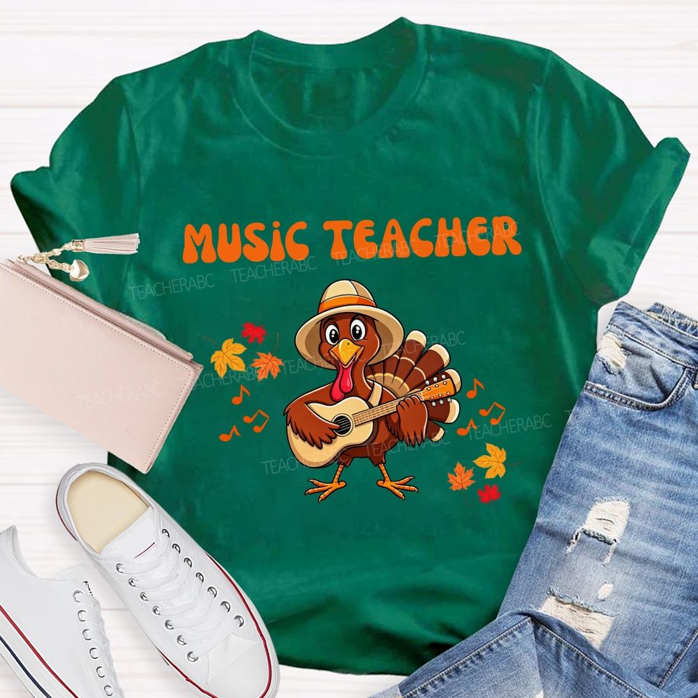 Music Teacher Turkey Playing Guitar Thanksgiving Fall Teacher T-shirt