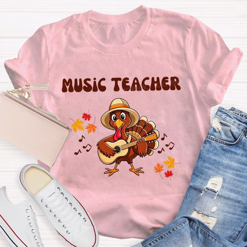 Music Teacher Turkey Playing Guitar Thanksgiving Fall Teacher T-shirt