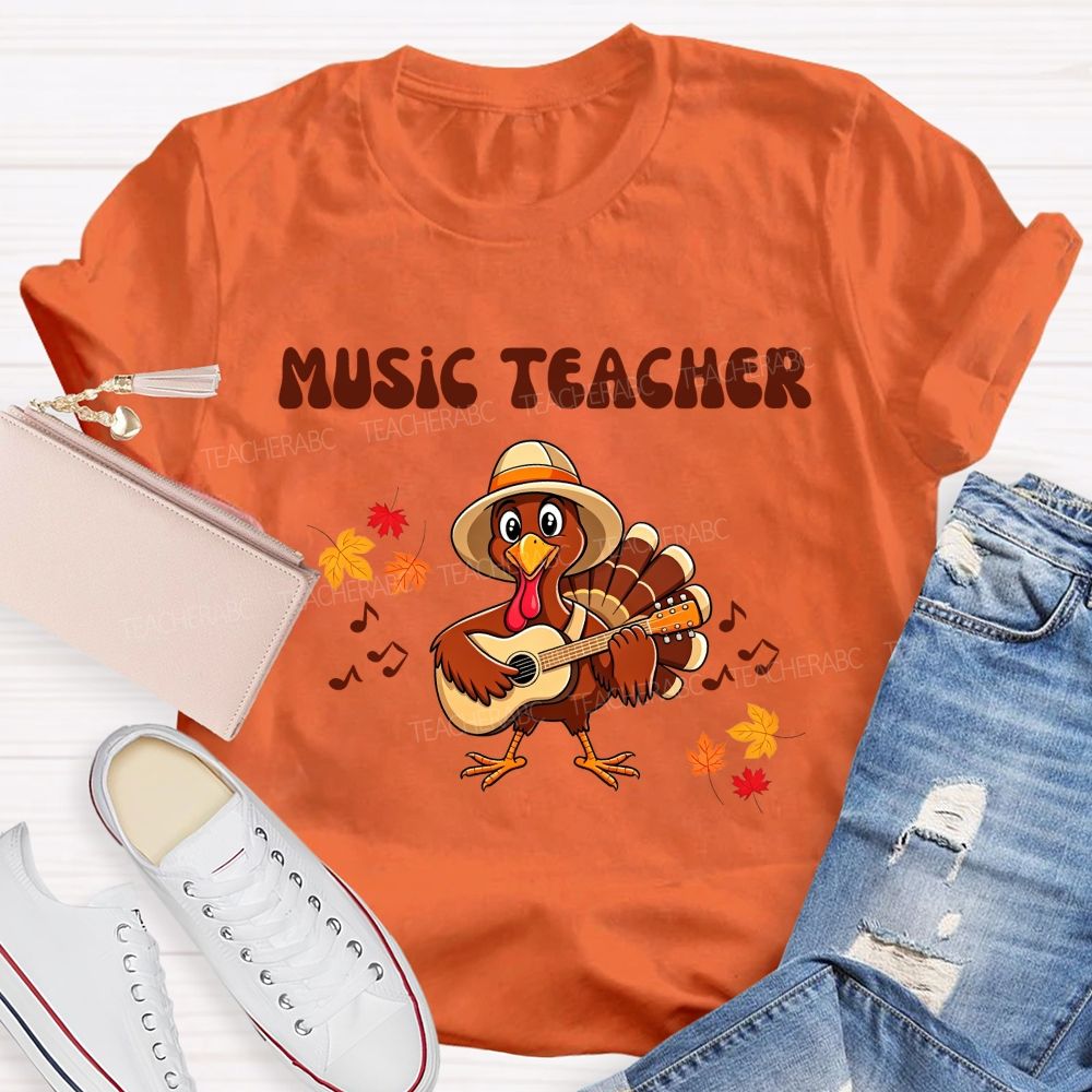 Music Teacher Turkey Playing Guitar Thanksgiving Fall Teacher T-shirt