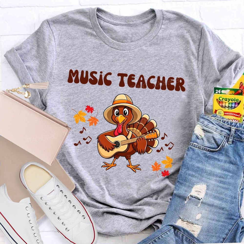Music Teacher Turkey Playing Guitar Thanksgiving Fall Teacher T-shirt