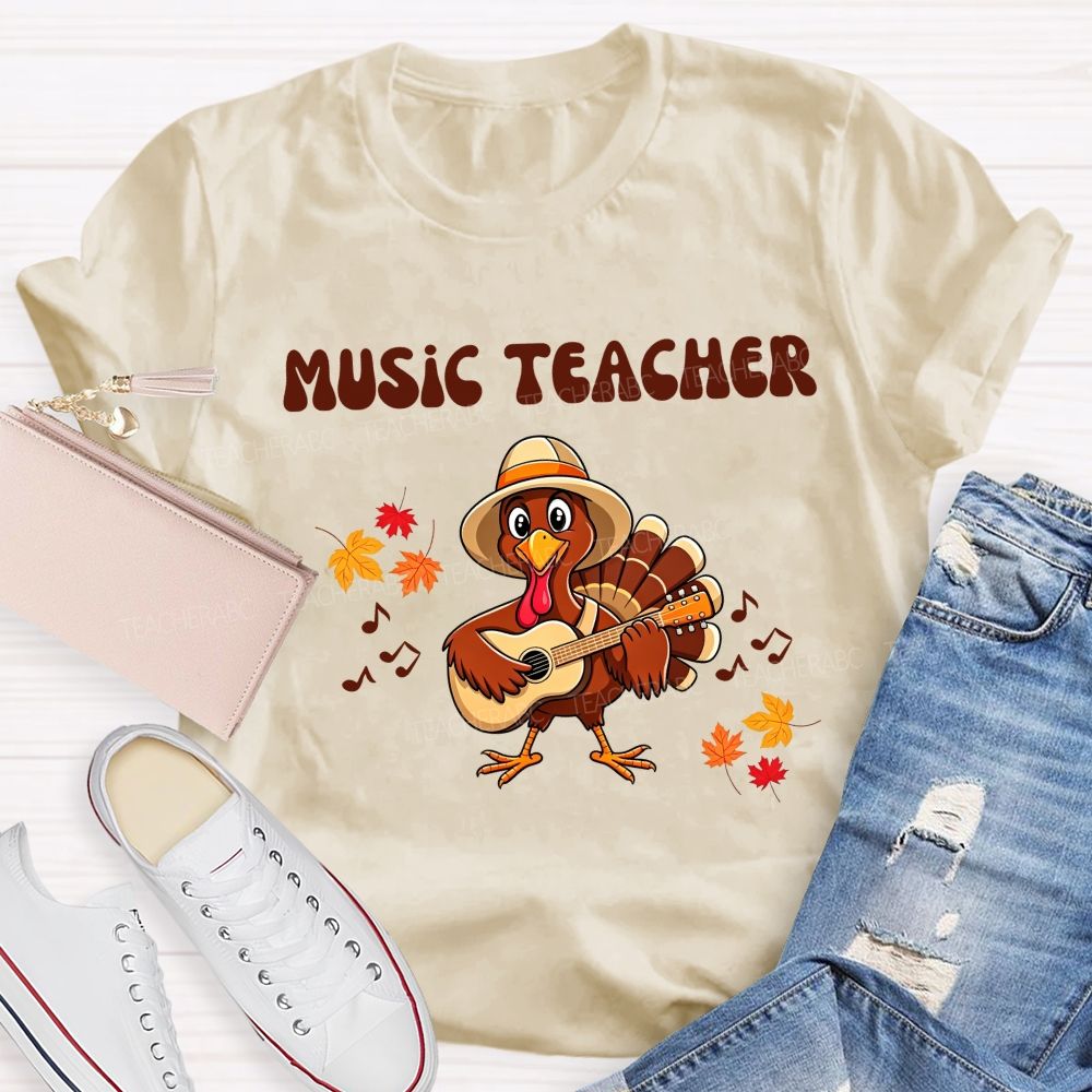 Music Teacher Turkey Playing Guitar Thanksgiving Fall Teacher T-shirt