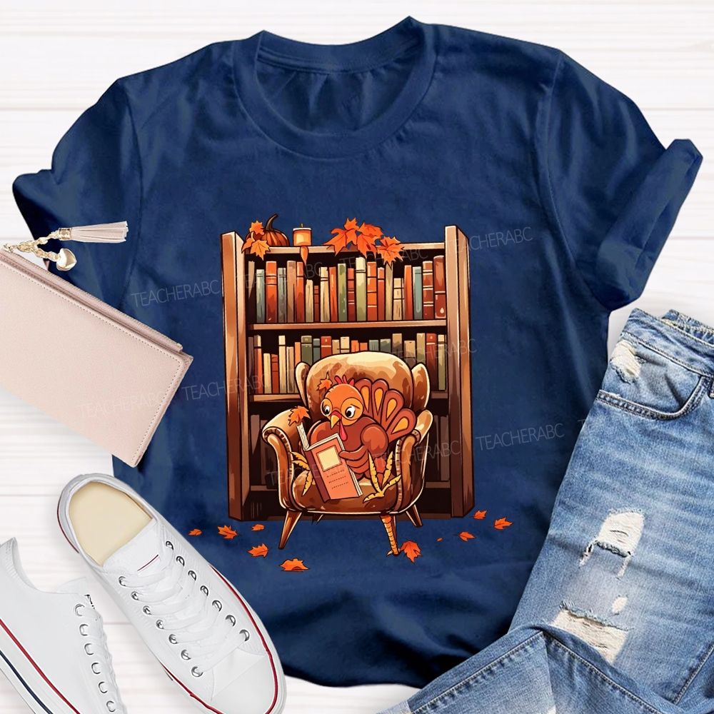 Turkey Reading Book Fall Thanksgiving Library Teacher T-shirt