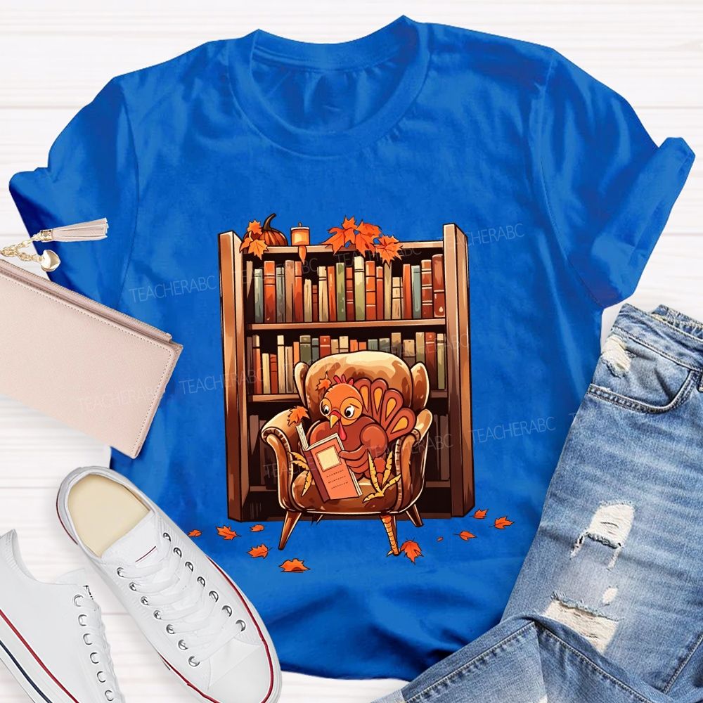 Turkey Reading Book Fall Thanksgiving Library Teacher T-shirt