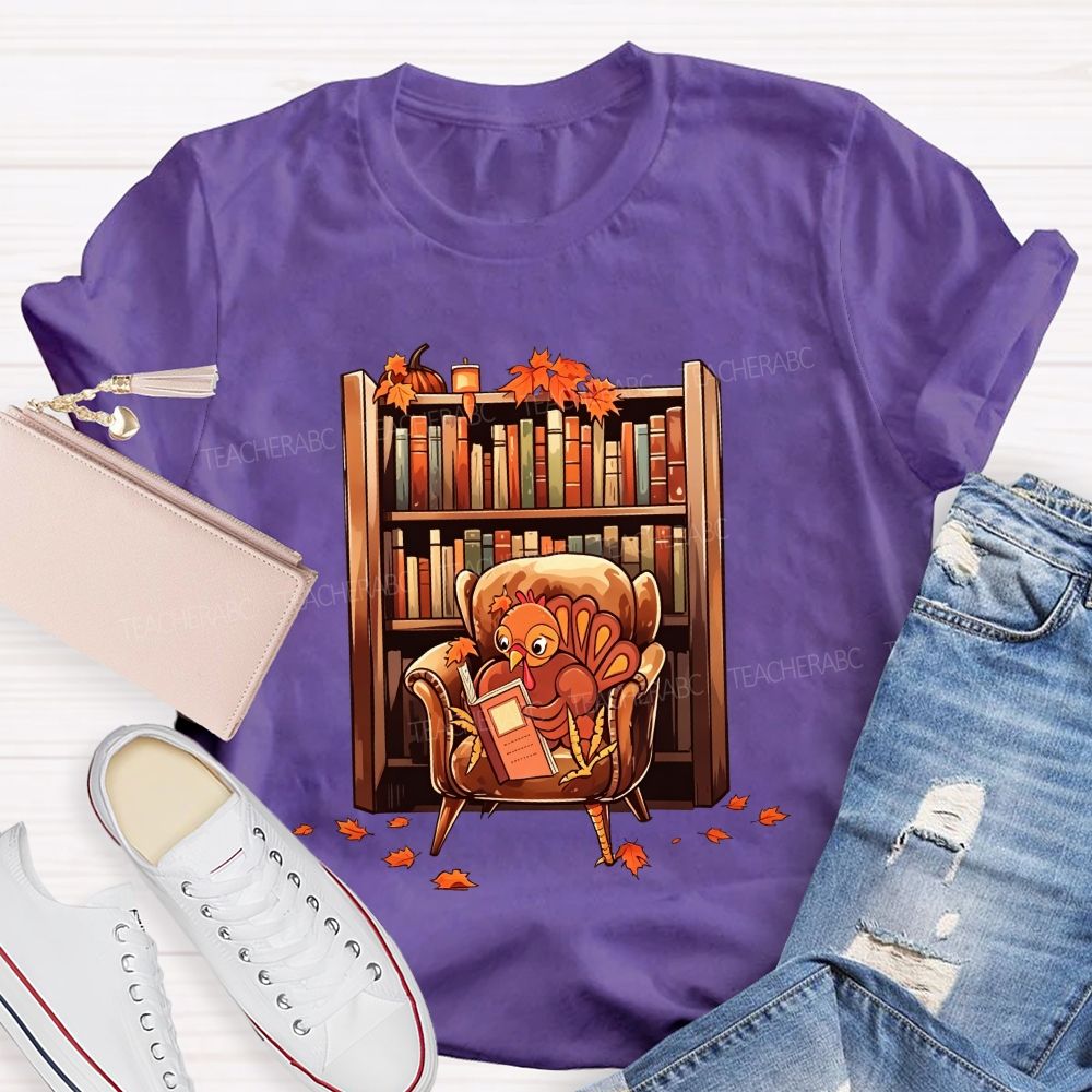 Turkey Reading Book Fall Thanksgiving Library Teacher T-shirt
