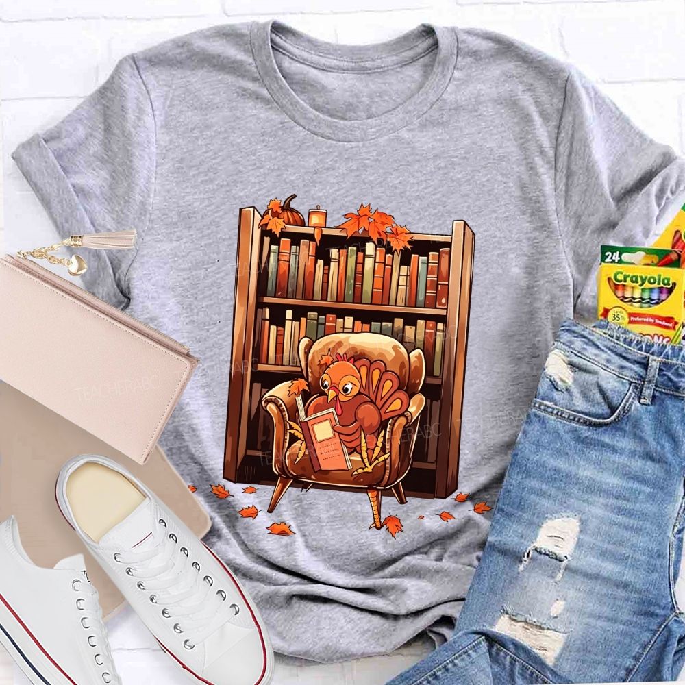 Turkey Reading Book Fall Thanksgiving Library Teacher T-shirt