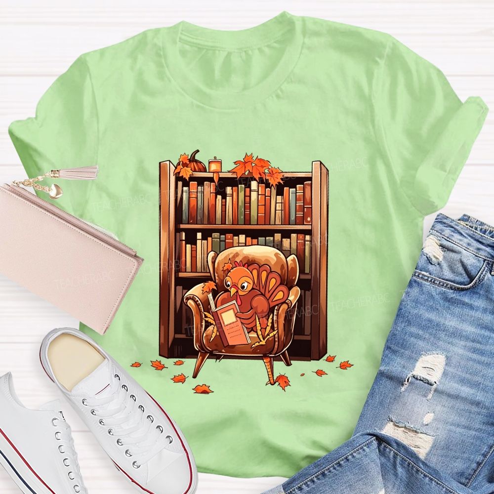 Turkey Reading Book Fall Thanksgiving Library Teacher T-shirt