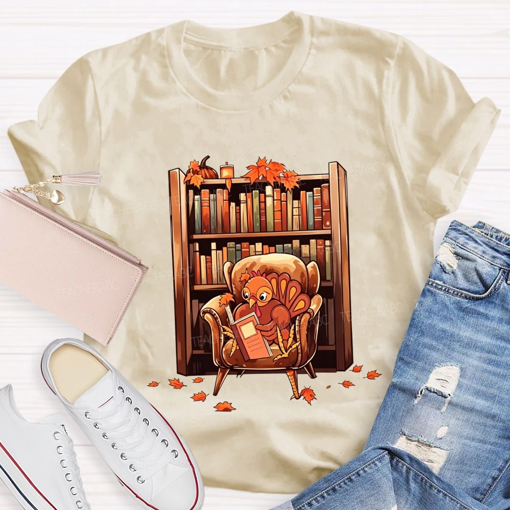Turkey Reading Book Fall Thanksgiving Library Teacher T-shirt