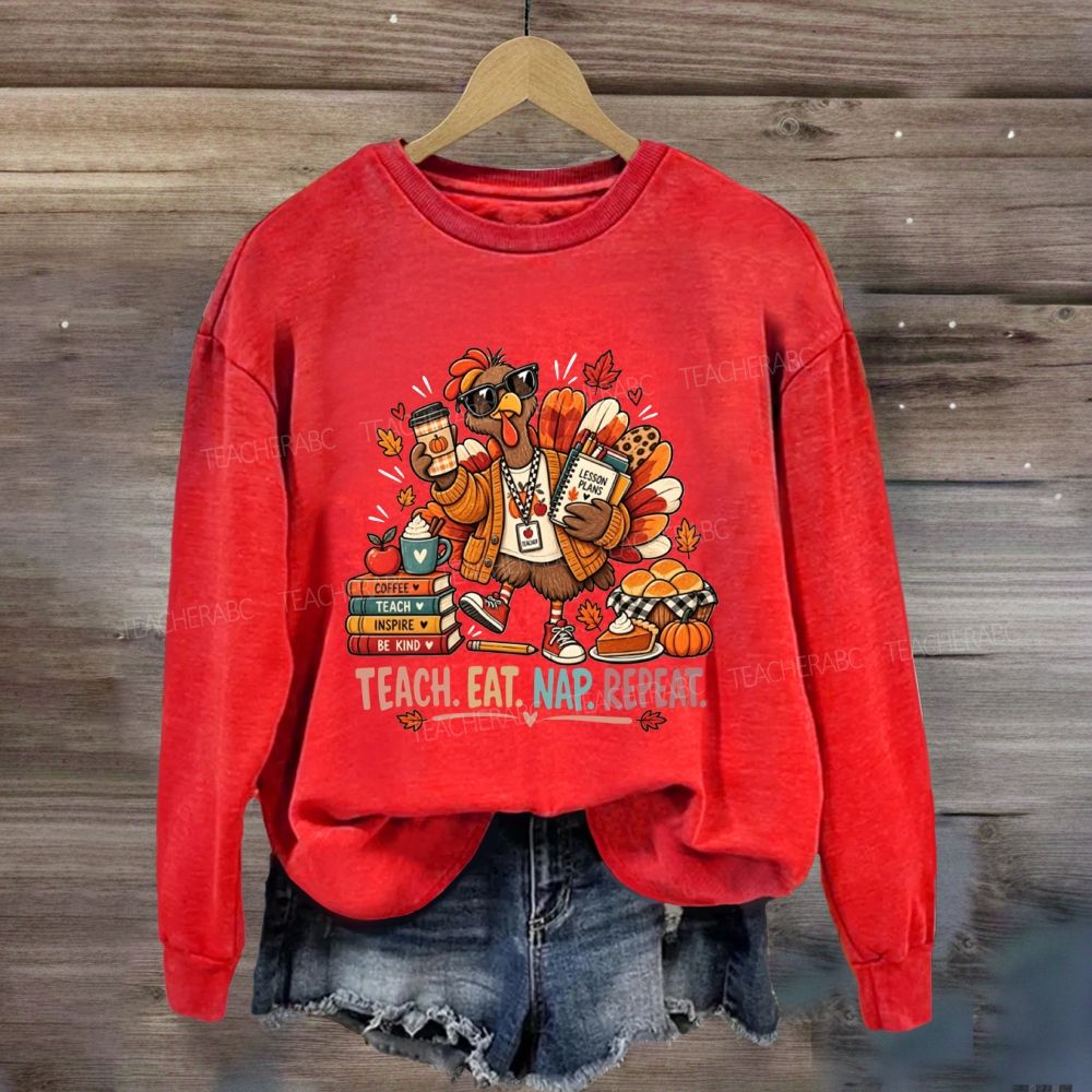 Teach Eat Nap Repeat Thanksgiving Teacher Pumpkin Coffee Sweatshirt