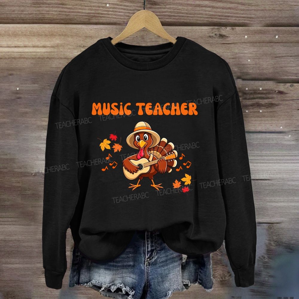 Turkey Playing Guitar Fall Maple Leaves Music Notes Sweatshirt
