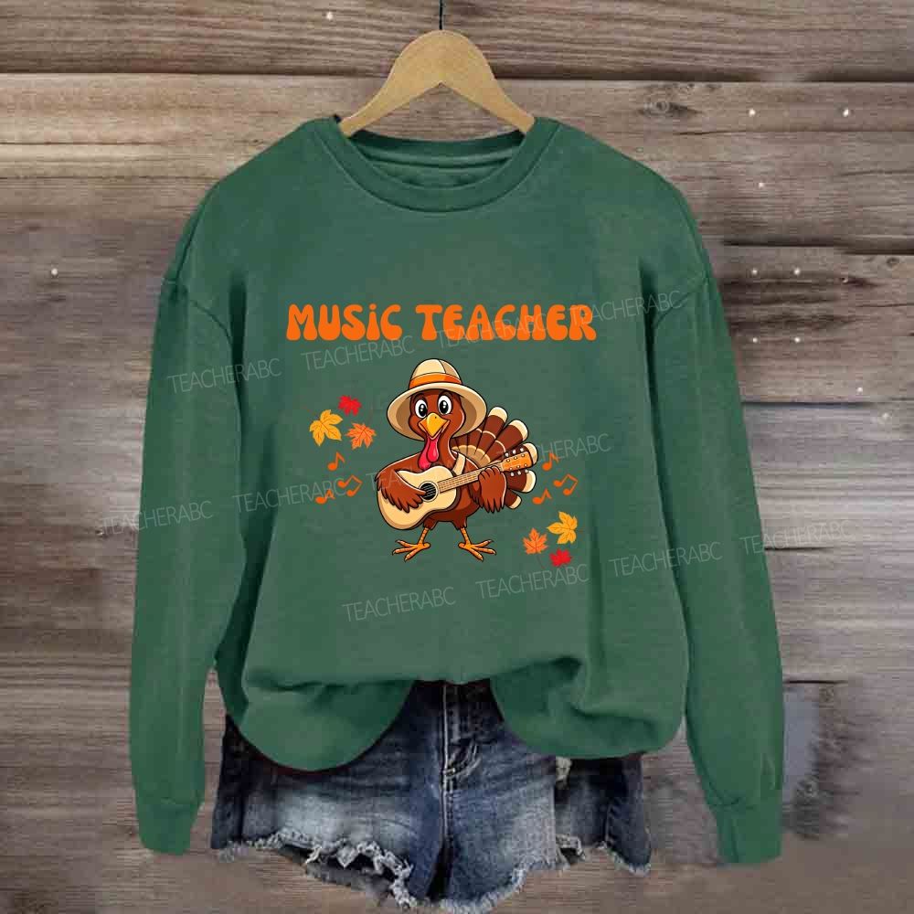 Turkey Playing Guitar Fall Maple Leaves Music Notes Sweatshirt