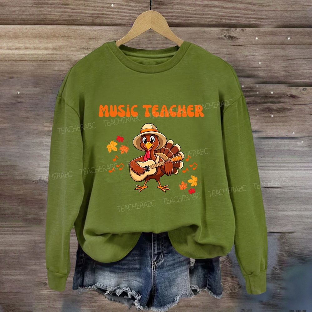 Turkey Playing Guitar Fall Maple Leaves Music Notes Sweatshirt