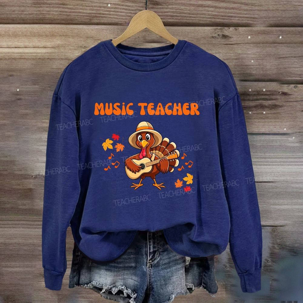 Turkey Playing Guitar Fall Maple Leaves Music Notes Sweatshirt