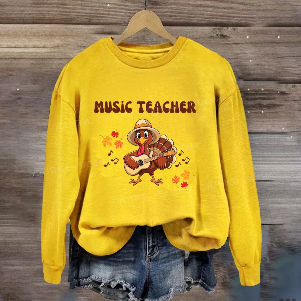 Turkey Playing Guitar Fall Maple Leaves Music Notes Sweatshirt