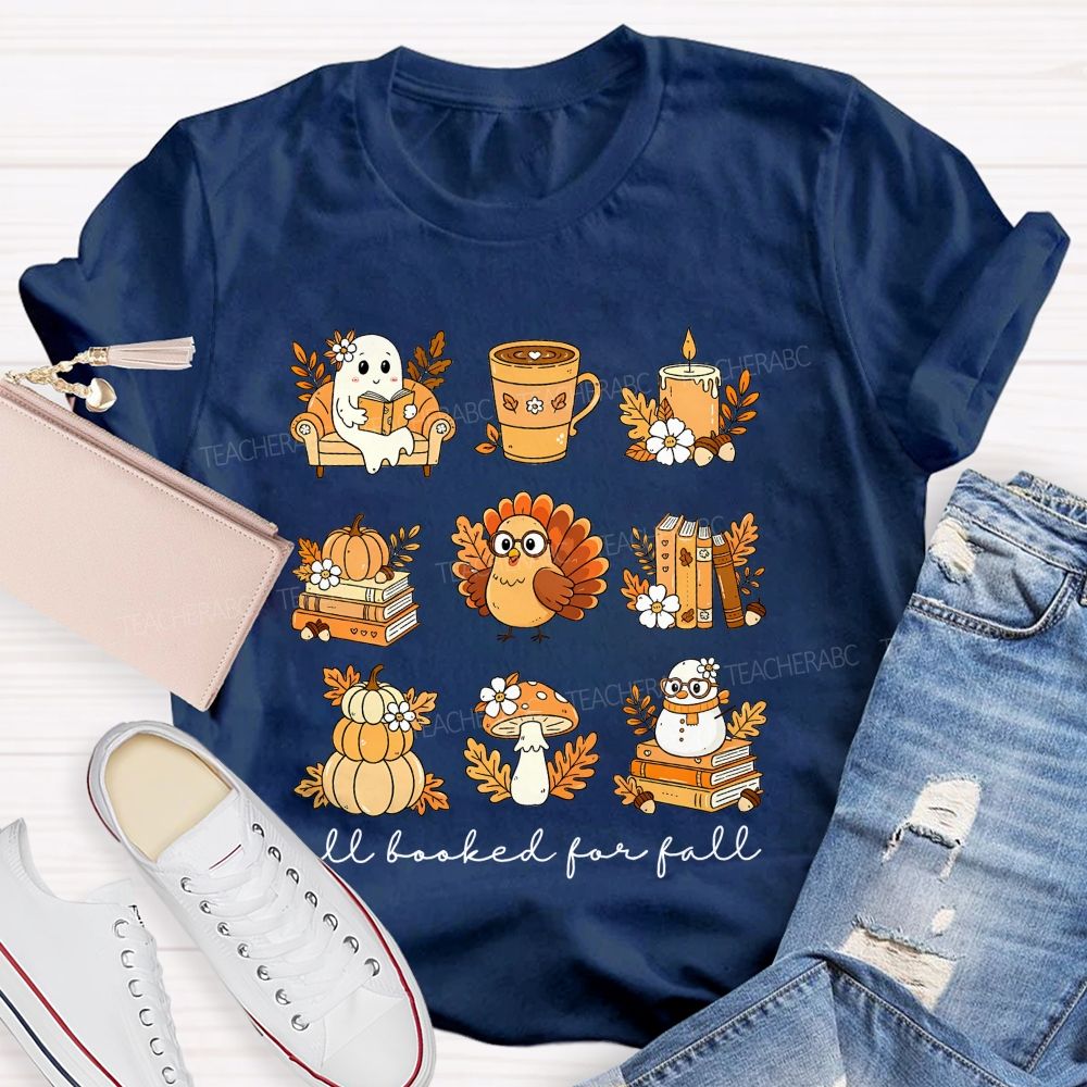 Cozy Fall Reading Ghost Pumpkin Mushroom Teacher T-shirt