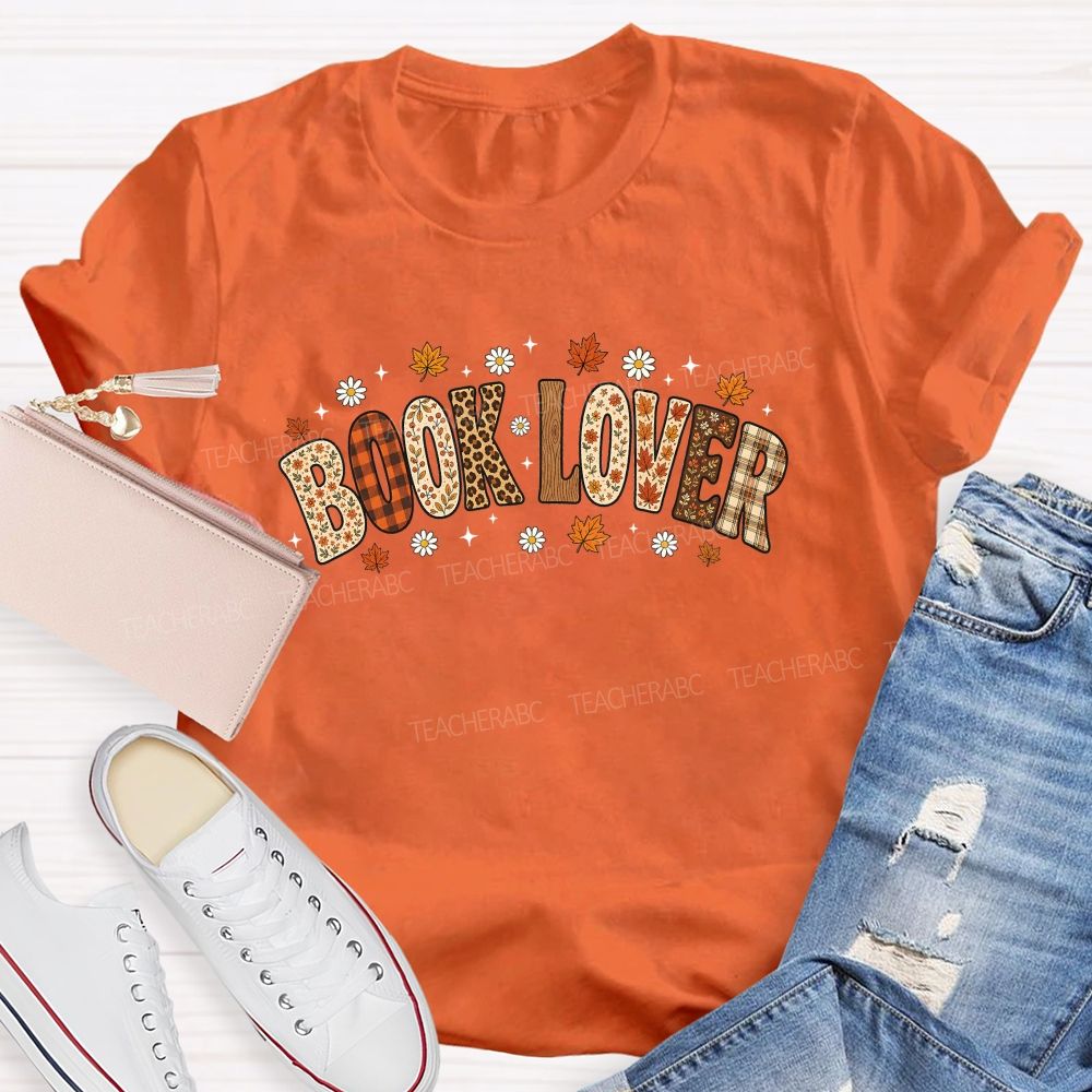 Autumn Book Lover Typography Maple Leaves Teacher T-shirt