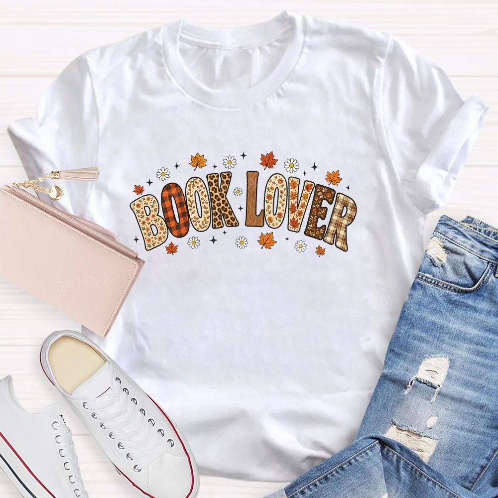 Autumn Book Lover Typography Maple Leaves Teacher T-shirt