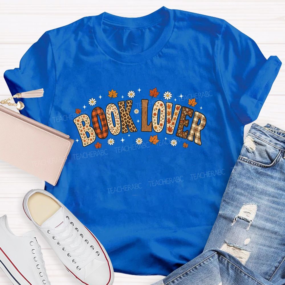 Autumn Book Lover Typography Maple Leaves Teacher T-shirt