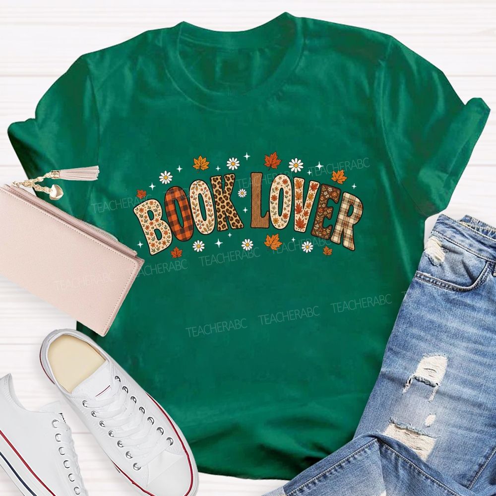 Autumn Book Lover Typography Maple Leaves Teacher T-shirt