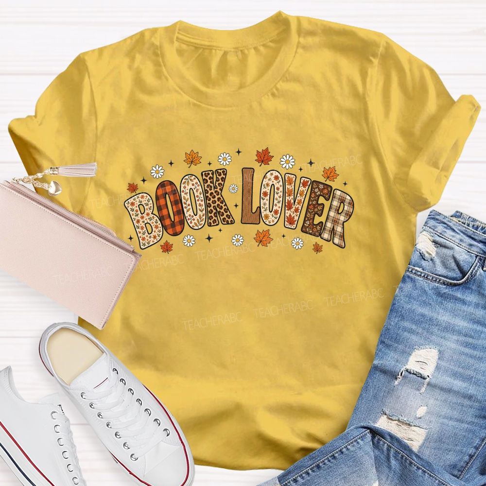 Autumn Book Lover Typography Maple Leaves Teacher T-shirt