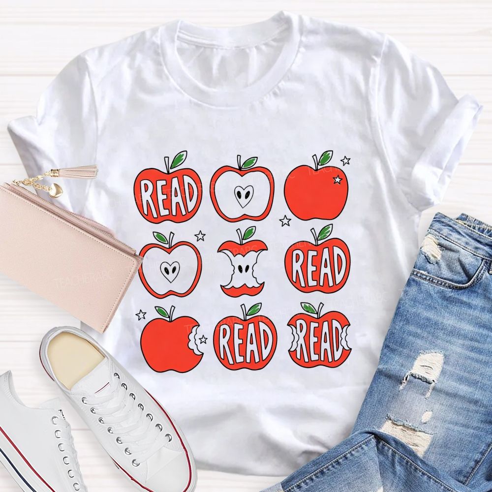 Reading Apple Bite Heart Core Teacher T-shirt