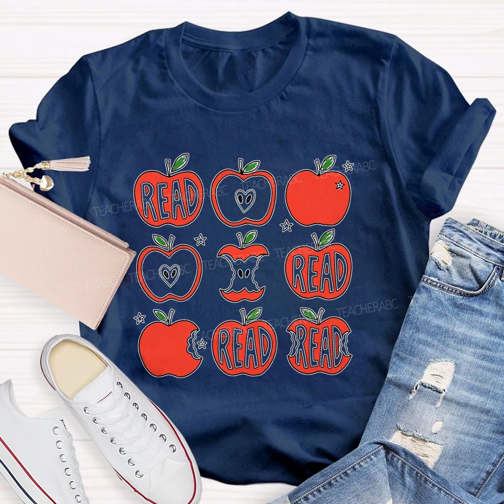 Reading Apple Bite Heart Core Teacher T-shirt
