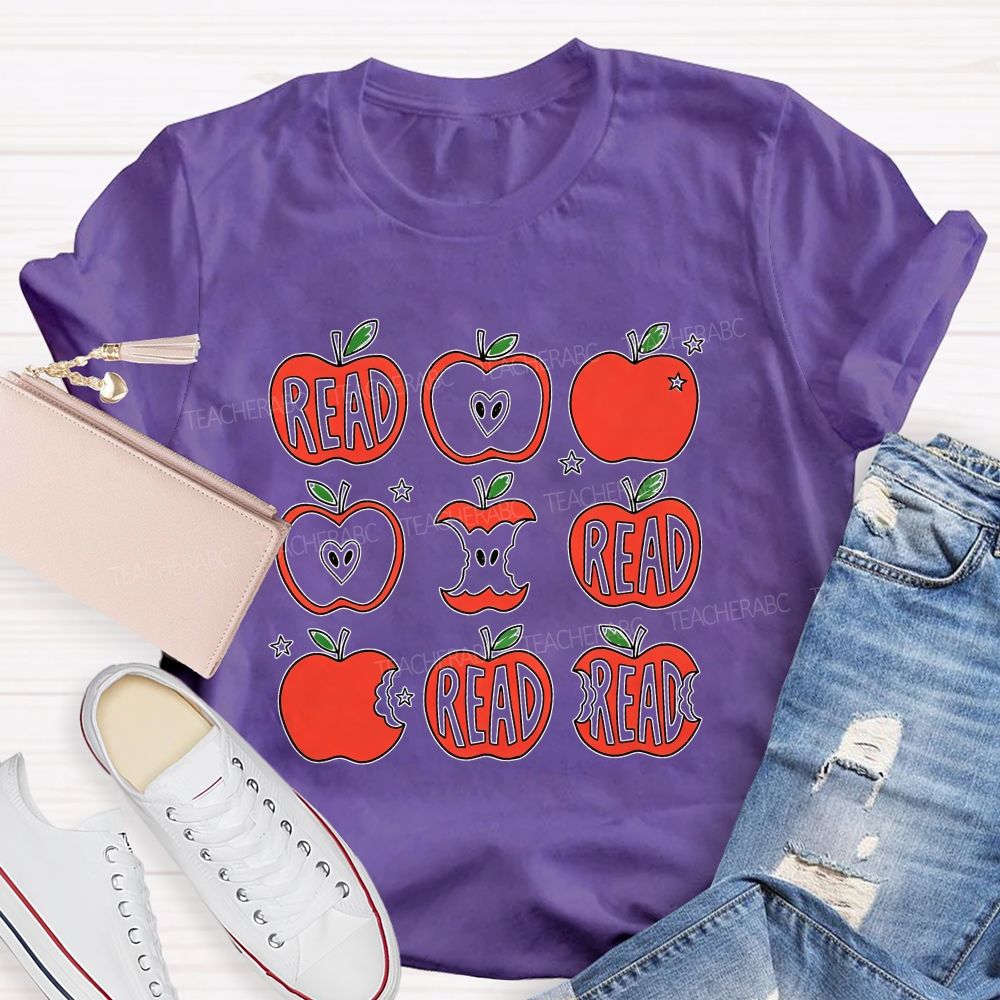 Reading Apple Bite Heart Core Teacher T-shirt