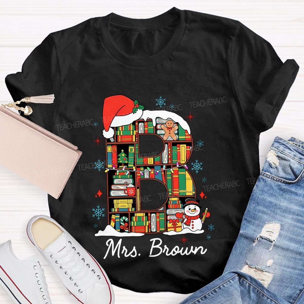 Personalized Name Christmas Bookshelf Monogram Letter Teacher T-shirt