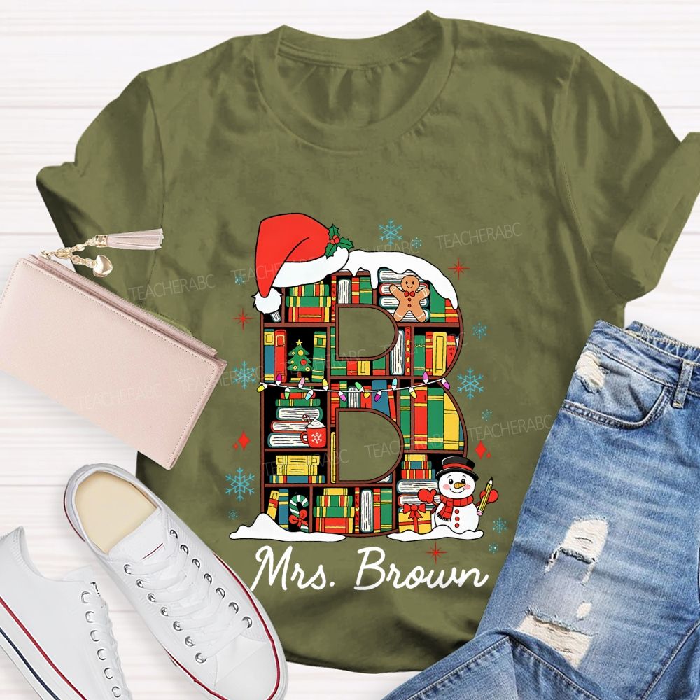 Personalized Name Christmas Bookshelf Monogram Letter Teacher T-shirt