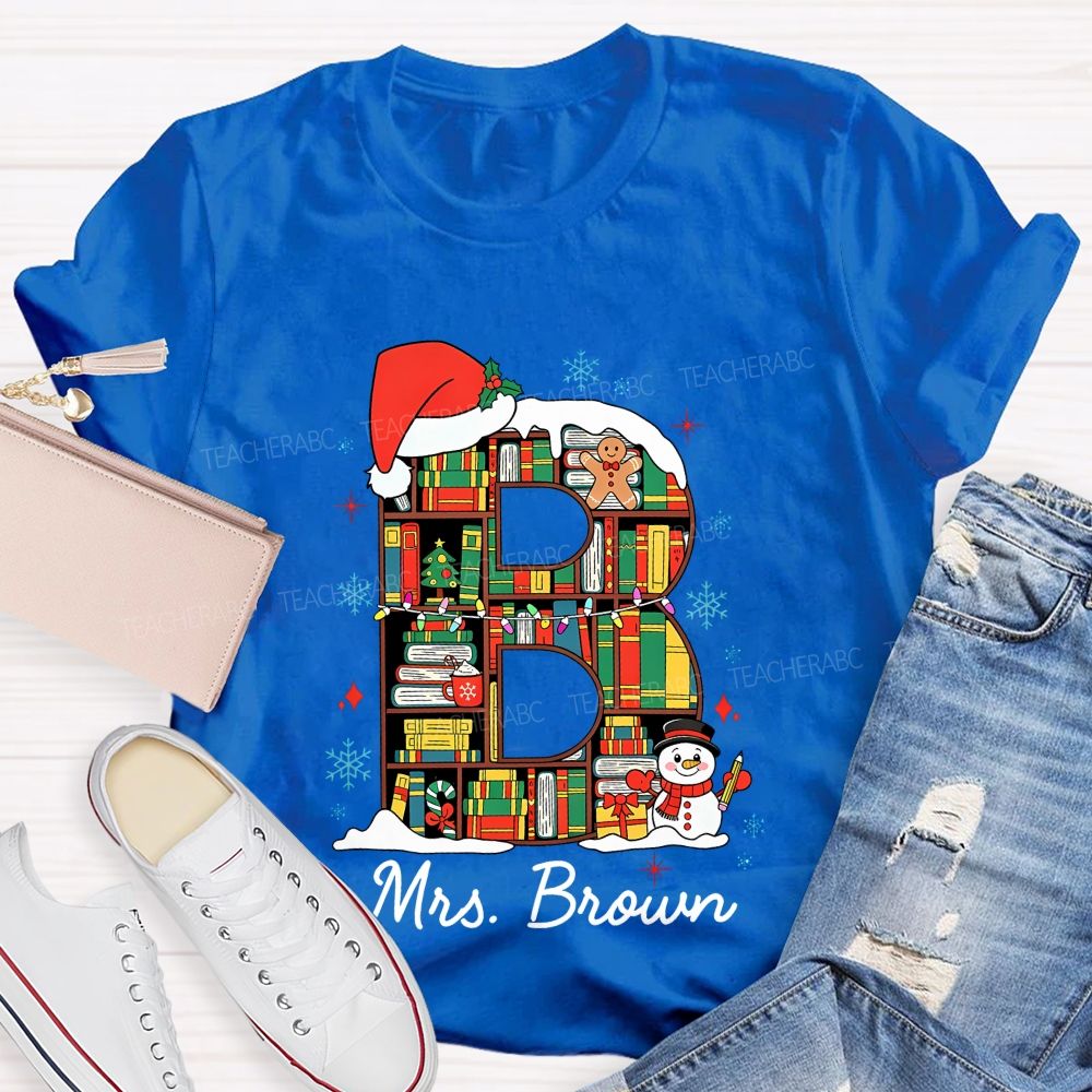 Personalized Name Christmas Bookshelf Monogram Letter Teacher T-shirt