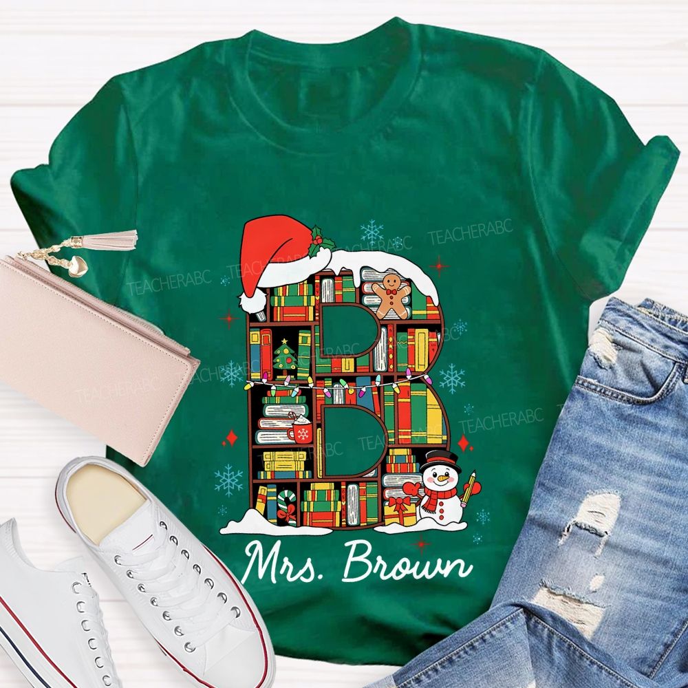 Personalized Name Christmas Bookshelf Monogram Letter Teacher T-shirt