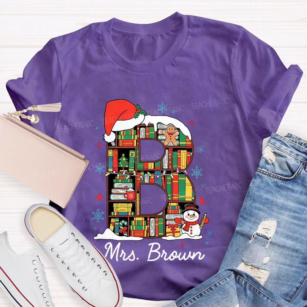 Personalized Name Christmas Bookshelf Monogram Letter Teacher T-shirt