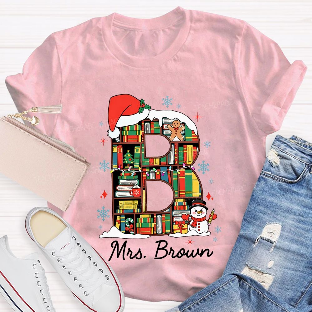 Personalized Name Christmas Bookshelf Monogram Letter Teacher T-shirt