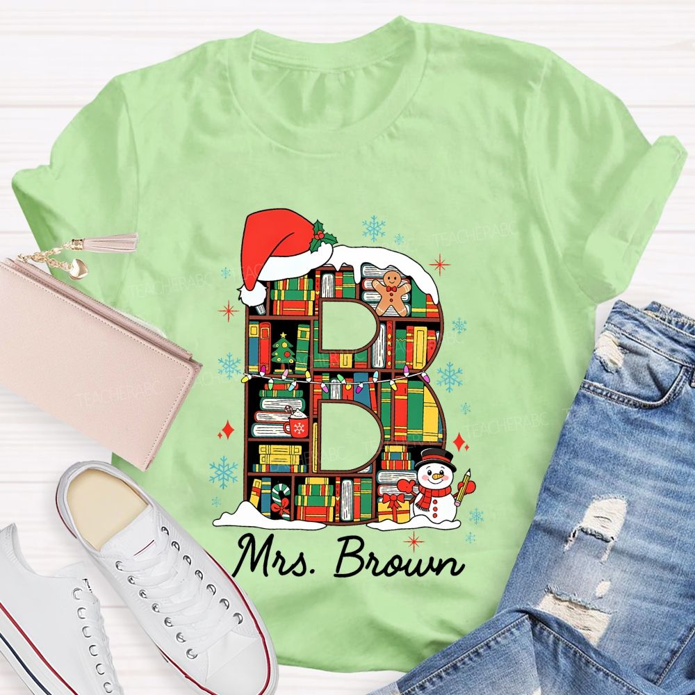 Personalized Name Christmas Bookshelf Monogram Letter Teacher T-shirt